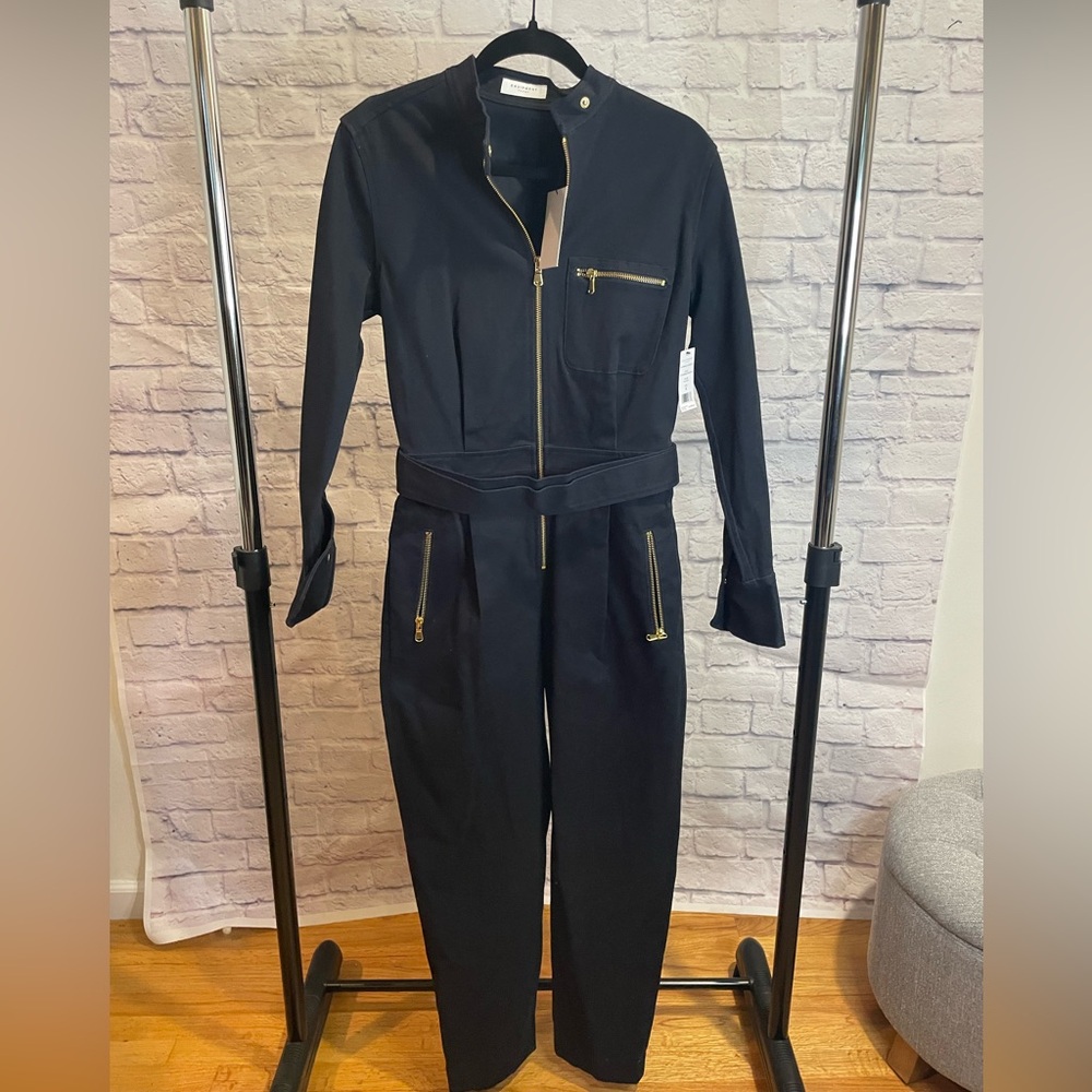 Equipment Navy Jumpsuit with Gold Zipper Details